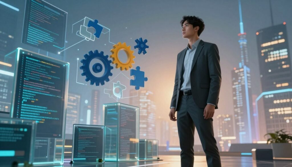 A determined professional, wearing smart casual attire, stands confidently in the foreground, looking toward a series of complex, digital obstacles symbolizing challenges and limitations, such as fragmented code and barriers made of glass. In the middle ground, abstract representations of web development tools hover, with gears and puzzle pieces illustrating problem-solving. The background features a futuristic cityscape, suggesting innovation and growth, bathed in soft blue and orange lighting to create an inspiring atmosphere. The scene is framed using a slight low-angle perspective, emphasizing the individual’s resolve and the journey of overcoming hurdles in a dynamic web development landscape. The mood is empowering and optimistic, symbolizing the navigation through potential challenges in the tech world. A determined professional, wearing smart casual attire, stands confidently in the foreground, looking toward a series of complex, digital obstacles symbolizing challenges and limitations, such as fragmented code and barriers made of glass. In the middle ground, abstract representations of web development tools hover, with gears and puzzle pieces illustrating problem-solving. The background features a futuristic cityscape, suggesting innovation and growth, bathed in soft blue and orange lighting to create an inspiring atmosphere. The scene is framed using a slight low-angle perspective, emphasizing the individual’s resolve and the journey of overcoming hurdles in a dynamic web development landscape. The mood is empowering and optimistic, symbolizing the navigation through potential challenges in the tech world.