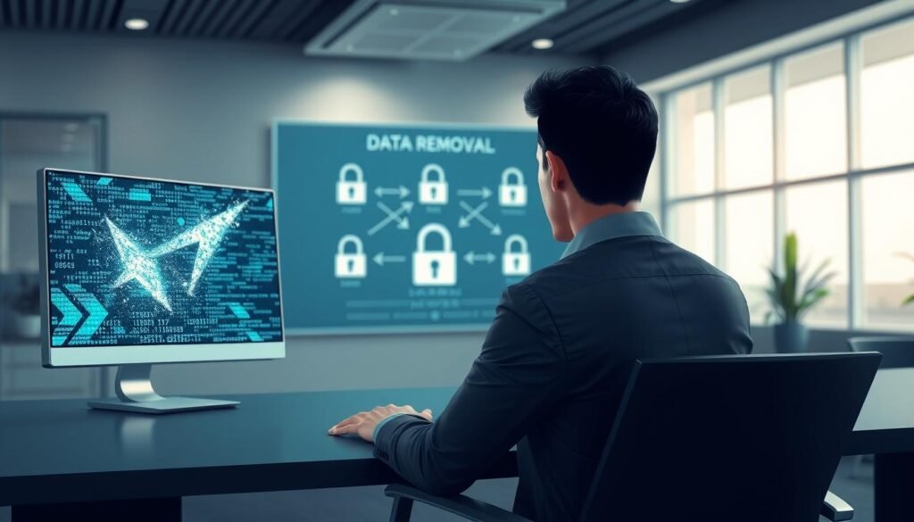 A digital illustration showcasing the concept of "data removal" in a sleek, modern office environment. In the foreground, an individual dressed in professional business attire is seated at a stylish desk, focused on a computer screen displaying a visual representation of data being erased, such as pixels dissolving or files disappearing. In the middle ground, a large digital display shows a flowchart symbolizing data management and privacy solutions, with arrows pointing to locked file icons. The background features a minimalistic office design with soft ambient lighting, creating a clean and professional atmosphere. Use a slight depth of field to blur the background details, emphasizing the subject's concentration on the task. The overall mood is efficient and futuristic, reflecting the innovative solutions offered by Optery. A digital illustration showcasing the concept of "data removal" in a sleek, modern office environment. In the foreground, an individual dressed in professional business attire is seated at a stylish desk, focused on a computer screen displaying a visual representation of data being erased, such as pixels dissolving or files disappearing. In the middle ground, a large digital display shows a flowchart symbolizing data management and privacy solutions, with arrows pointing to locked file icons. The background features a minimalistic office design with soft ambient lighting, creating a clean and professional atmosphere. Use a slight depth of field to blur the background details, emphasizing the subject's concentration on the task. The overall mood is efficient and futuristic, reflecting the innovative solutions offered by Optery.