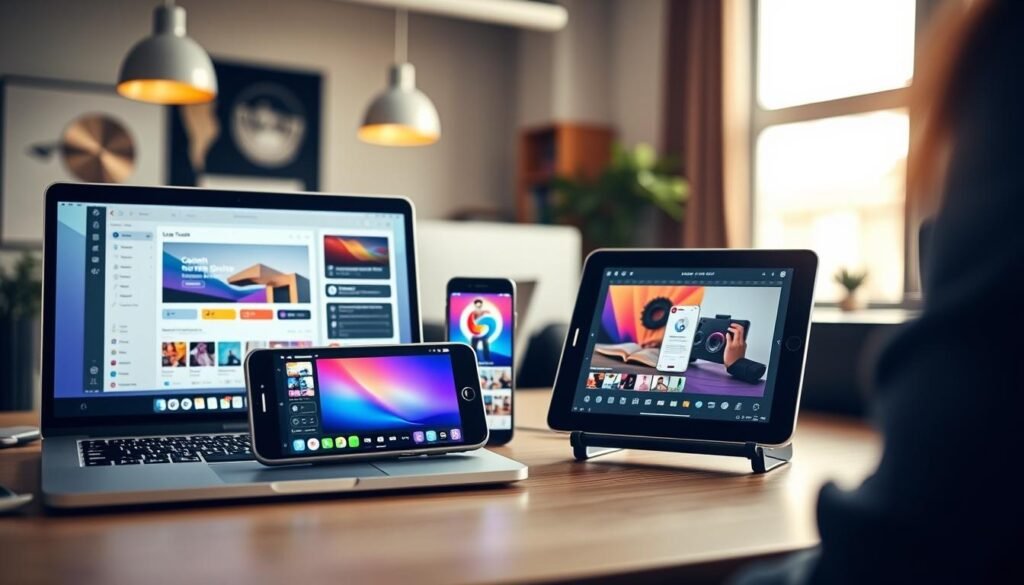 A digital workspace filled with various content creation tools, such as a laptop, smartphone, and modern tablet, all displaying vibrant productivity apps. In the foreground, a sleek laptop screen showcases a user-friendly content generator interface, with colorful graphics and intuitive buttons. The middle ground features a smartphone with a stylish design, opened to a creative app, alongside a tablet displaying a visual project in progress. The background includes a soft-focus office setting with warm, natural lighting filtering through a window, illuminating the scene and casting gentle shadows. The atmosphere is inspiring and productive, embodying the essence of creativity, innovation, and modern technology in a professional environment. A digital workspace filled with various content creation tools, such as a laptop, smartphone, and modern tablet, all displaying vibrant productivity apps. In the foreground, a sleek laptop screen showcases a user-friendly content generator interface, with colorful graphics and intuitive buttons. The middle ground features a smartphone with a stylish design, opened to a creative app, alongside a tablet displaying a visual project in progress. The background includes a soft-focus office setting with warm, natural lighting filtering through a window, illuminating the scene and casting gentle shadows. The atmosphere is inspiring and productive, embodying the essence of creativity, innovation, and modern technology in a professional environment.