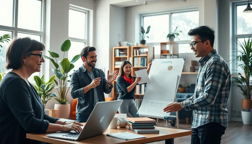 A diverse group of course creators enthusiastically collaborating in a modern, brightly lit studio. In the foreground, a middle-aged woman with glasses sits at a laptop, reviewing course content, while a young man, dressed in a smart casual shirt, gestures animatedly as he explains his ideas on a whiteboard. In the middle ground, a woman of Asian descent is sketching course outlines on a large notepad next to a tall bookshelf filled with educational resources. In the background, large windows let in soft, natural light, casting a warm glow on the scene, with plants and contemporary decor enhancing the creative atmosphere. The mood is focused yet vibrant, embodying innovation and teamwork among professionals. A diverse group of course creators enthusiastically collaborating in a modern, brightly lit studio. In the foreground, a middle-aged woman with glasses sits at a laptop, reviewing course content, while a young man, dressed in a smart casual shirt, gestures animatedly as he explains his ideas on a whiteboard. In the middle ground, a woman of Asian descent is sketching course outlines on a large notepad next to a tall bookshelf filled with educational resources. In the background, large windows let in soft, natural light, casting a warm glow on the scene, with plants and contemporary decor enhancing the creative atmosphere. The mood is focused yet vibrant, embodying innovation and teamwork among professionals.