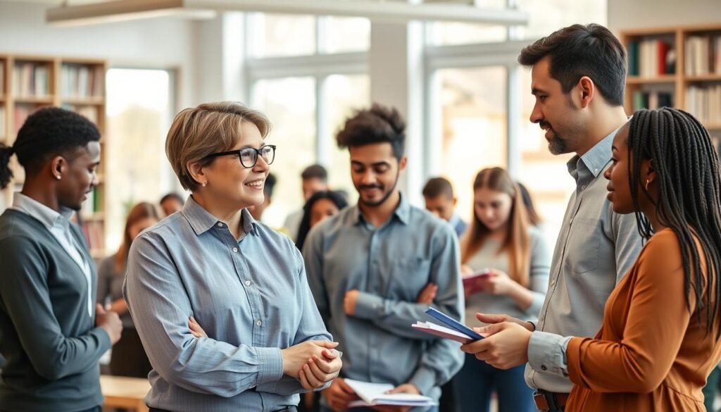 A diverse group of professional tutors gathered in a modern, bright classroom environment. In the foreground, two tutors engage in a lively discussion – one is a middle-aged woman with glasses, dressed in smart casual attire, explaining concepts to a younger man in a business shirt. The middle layer features smaller groups of students, focused and taking notes, showcasing various ethnic backgrounds. In the background, large windows allow natural light to flood the room, creating a warm atmosphere. Shelves filled with books and educational materials frame the space. The scene conveys a sense of collaboration, learning, and professionalism, highlighting the essence of online tutoring and the supportive environment it offers. The mood is inviting and encouraging, perfect for an educational setting. A diverse group of professional tutors gathered in a modern, bright classroom environment. In the foreground, two tutors engage in a lively discussion – one is a middle-aged woman with glasses, dressed in smart casual attire, explaining concepts to a younger man in a business shirt. The middle layer features smaller groups of students, focused and taking notes, showcasing various ethnic backgrounds. In the background, large windows allow natural light to flood the room, creating a warm atmosphere. Shelves filled with books and educational materials frame the space. The scene conveys a sense of collaboration, learning, and professionalism, highlighting the essence of online tutoring and the supportive environment it offers. The mood is inviting and encouraging, perfect for an educational setting.