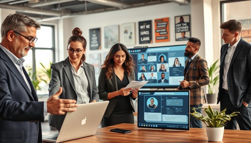 A diverse group of professionals collaborating in a modern office environment, discussing customer service strategies. In the foreground, a middle-aged man in a sharp business suit gestures towards a laptop displaying a chatbot interface. Beside him, a young woman in smart casual attire takes notes, focusing intently. In the middle ground, two other team members, a woman in a professional dress and a man in a blazer, analyze data on a large screen, featuring positive customer interactions. The background shows a bright, open office space with large windows letting in natural light, potted plants for a touch of greenery, and motivational posters on the walls. The mood is dynamic and collaborative, emphasizing teamwork and modern technology. Use warm, inviting lighting to create a positive atmosphere that conveys innovation in customer experience. A diverse group of professionals collaborating in a modern office environment, discussing customer service strategies. In the foreground, a middle-aged man in a sharp business suit gestures towards a laptop displaying a chatbot interface. Beside him, a young woman in smart casual attire takes notes, focusing intently. In the middle ground, two other team members, a woman in a professional dress and a man in a blazer, analyze data on a large screen, featuring positive customer interactions. The background shows a bright, open office space with large windows letting in natural light, potted plants for a touch of greenery, and motivational posters on the walls. The mood is dynamic and collaborative, emphasizing teamwork and modern technology. Use warm, inviting lighting to create a positive atmosphere that conveys innovation in customer experience.