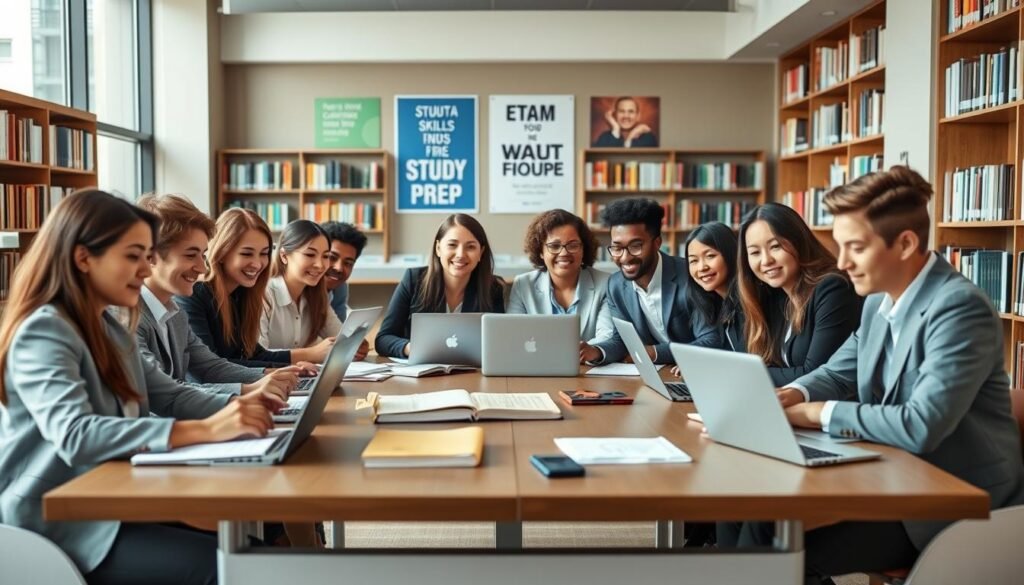 A diverse group of students, representing various backgrounds and ethnicities, sitting at a modern study table filled with laptops, notebooks, and study materials. They are dressed in professional business attire, engaged in collaborative discussions about exam prep with focused expressions. The setting is a well-lit library or study space with floor-to-ceiling bookshelves, soft natural lighting streaming through large windows, creating a warm and inviting atmosphere. In the background, motivational posters related to study skills and success are subtly visible. Capture the mood of determination and camaraderie among the students, emphasizing the concept of suitable candidates for Magoosh who value collaborative learning and exam preparation. Use a wide-angle lens to encapsulate the entire scene, ensuring clarity and depth. A diverse group of students, representing various backgrounds and ethnicities, sitting at a modern study table filled with laptops, notebooks, and study materials. They are dressed in professional business attire, engaged in collaborative discussions about exam prep with focused expressions. The setting is a well-lit library or study space with floor-to-ceiling bookshelves, soft natural lighting streaming through large windows, creating a warm and inviting atmosphere. In the background, motivational posters related to study skills and success are subtly visible. Capture the mood of determination and camaraderie among the students, emphasizing the concept of suitable candidates for Magoosh who value collaborative learning and exam preparation. Use a wide-angle lens to encapsulate the entire scene, ensuring clarity and depth.