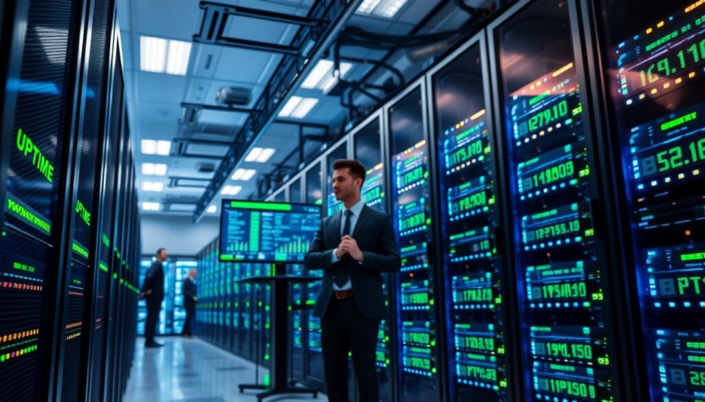 A dynamic and vibrant visual representation of "uptime hosting" in a modern server room setting. In the foreground, sleek server racks shimmer with LED indicators showing green lights, symbolizing stable uptime. The middle ground features IT professionals in smart business attire, attentively monitoring computer screens filled with live data analytics on uptime metrics and server performance. The background captures rows of glowing servers and high-tech equipment, bathed in soft blue and white lighting that conveys a focused, professional atmosphere. The camera angle should be slightly low, looking up at the towering servers to emphasize their importance and stability. The overall mood should project a sense of reliability, security, and technological advancement, emphasizing the significance of uptime in hosting services. A dynamic and vibrant visual representation of "uptime hosting" in a modern server room setting. In the foreground, sleek server racks shimmer with LED indicators showing green lights, symbolizing stable uptime. The middle ground features IT professionals in smart business attire, attentively monitoring computer screens filled with live data analytics on uptime metrics and server performance. The background captures rows of glowing servers and high-tech equipment, bathed in soft blue and white lighting that conveys a focused, professional atmosphere. The camera angle should be slightly low, looking up at the towering servers to emphasize their importance and stability. The overall mood should project a sense of reliability, security, and technological advancement, emphasizing the significance of uptime in hosting services.
