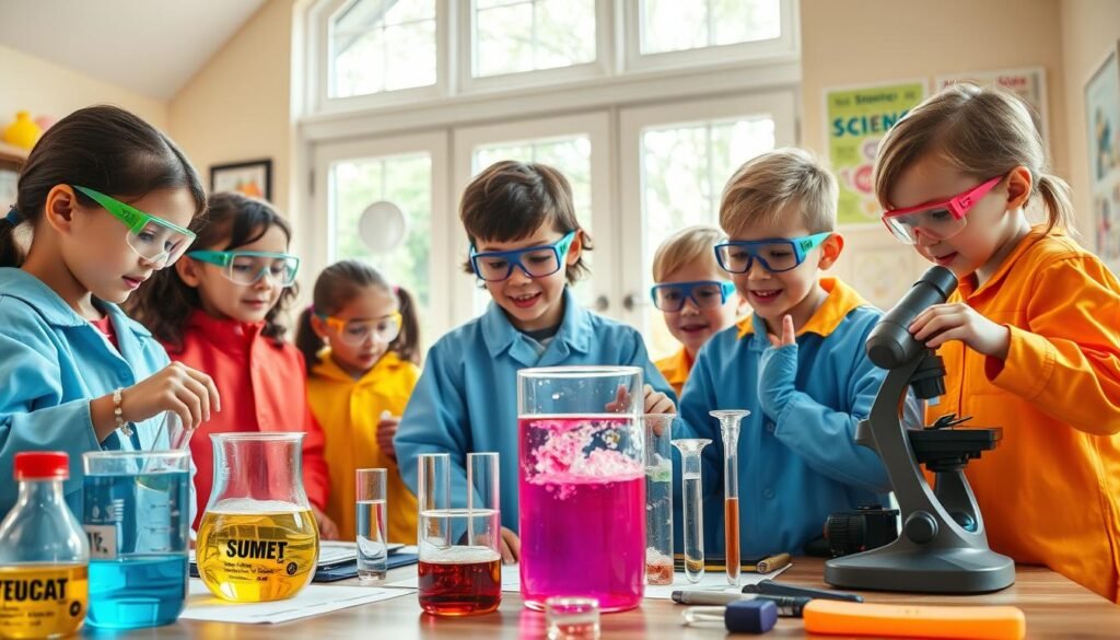 A dynamic hands-on science scene in a bright, inviting home environment. In the foreground, a diverse group of children, dressed in colorful lab coats and safety goggles, eagerly conducts an experiment with colorful liquids bubbling in glass beakers. The middle ground features a well-organized table filled with various scientific tools and materials: test tubes, pipettes, and a microscope, with some fun, engaging posters about science on the wall. The background shows large windows with sunlight streaming in, creating a warm atmosphere. The lighting is bright and cheerful, highlighting the excitement of learning. This image captures the joy and wonder of practical science experiments, showcasing education in a fun, interactive way. A dynamic hands-on science scene in a bright, inviting home environment. In the foreground, a diverse group of children, dressed in colorful lab coats and safety goggles, eagerly conducts an experiment with colorful liquids bubbling in glass beakers. The middle ground features a well-organized table filled with various scientific tools and materials: test tubes, pipettes, and a microscope, with some fun, engaging posters about science on the wall. The background shows large windows with sunlight streaming in, creating a warm atmosphere. The lighting is bright and cheerful, highlighting the excitement of learning. This image captures the joy and wonder of practical science experiments, showcasing education in a fun, interactive way.