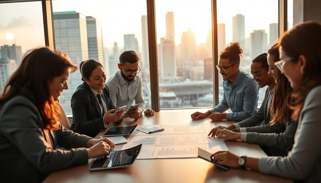A dynamic office environment illustrating a “journey” of collaboration and productivity. In the foreground, a diverse group of professionals in business attire engage around a large table, discussing project timelines on digital devices, with expressions of focus and enthusiasm. In the middle ground, a glass wall reveals a vibrant workspace filled with charts and progress boards, symbolizing integration and forward momentum. The background features a bustling city skyline through large windows, bathed in warm afternoon light, suggesting endless possibilities. The atmosphere is energetic yet purposeful, emphasizing teamwork and innovation in a modern setting. The composition should capture a depth of field, with an emphasis on the group in sharp focus, creating a sense of connection within the journey of work. A dynamic office environment illustrating a “journey” of collaboration and productivity. In the foreground, a diverse group of professionals in business attire engage around a large table, discussing project timelines on digital devices, with expressions of focus and enthusiasm. In the middle ground, a glass wall reveals a vibrant workspace filled with charts and progress boards, symbolizing integration and forward momentum. The background features a bustling city skyline through large windows, bathed in warm afternoon light, suggesting endless possibilities. The atmosphere is energetic yet purposeful, emphasizing teamwork and innovation in a modern setting. The composition should capture a depth of field, with an emphasis on the group in sharp focus, creating a sense of connection within the journey of work.