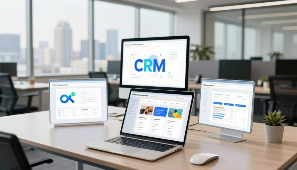A dynamic office environment showcasing the top business software deal categories. In the foreground, a modern workspace with a sleek laptop open, displaying trending software applications. In the middle ground, visually striking representations of various software categories like project management, CRM, and accounting tools, represented by their icons or illustrations, arranged neatly on a stylish table. In the background, a sunny office view with glass windows and a city skyline, adding a sense of professionalism. Soft, natural lighting enhances the scene, creating an inviting atmosphere. The composition should evoke motivation and a sense of opportunity, all captured from a slightly elevated angle, emphasizing the organized and vibrant nature of the workspace. A dynamic office environment showcasing the top business software deal categories. In the foreground, a modern workspace with a sleek laptop open, displaying trending software applications. In the middle ground, visually striking representations of various software categories like project management, CRM, and accounting tools, represented by their icons or illustrations, arranged neatly on a stylish table. In the background, a sunny office view with glass windows and a city skyline, adding a sense of professionalism. Soft, natural lighting enhances the scene, creating an inviting atmosphere. The composition should evoke motivation and a sense of opportunity, all captured from a slightly elevated angle, emphasizing the organized and vibrant nature of the workspace.