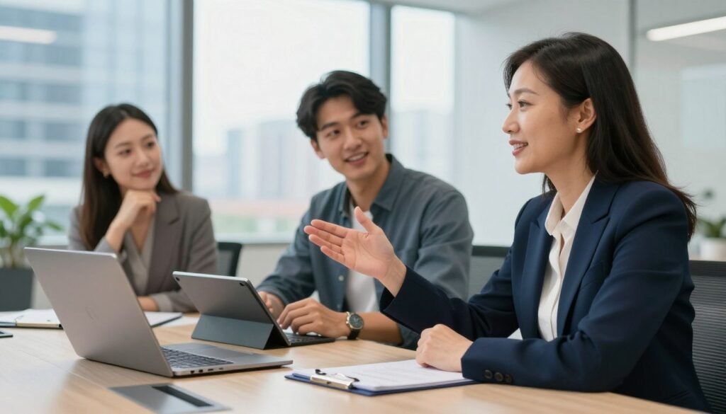 A dynamic office setting featuring a diverse group of three professionals engaged in a discussion around a sleek conference table. In the foreground, a middle-aged woman in a tailored navy blazer gestures confidently, emphasizing a point about Vendoo. In the middle ground, a young man in a smart casual outfit takes notes on a digital tablet, while a woman in a professional dress listens thoughtfully with a smile. The background showcases a bright, modern office with large windows letting in natural light, reflecting a vibrant urban landscape. The atmosphere is collaborative and optimistic, evoking a sense of teamwork and decision-making clarity. Soft focus on the background adds depth, creating a welcoming and professional vibe. A dynamic office setting featuring a diverse group of three professionals engaged in a discussion around a sleek conference table. In the foreground, a middle-aged woman in a tailored navy blazer gestures confidently, emphasizing a point about Vendoo. In the middle ground, a young man in a smart casual outfit takes notes on a digital tablet, while a woman in a professional dress listens thoughtfully with a smile. The background showcases a bright, modern office with large windows letting in natural light, reflecting a vibrant urban landscape. The atmosphere is collaborative and optimistic, evoking a sense of teamwork and decision-making clarity. Soft focus on the background adds depth, creating a welcoming and professional vibe.