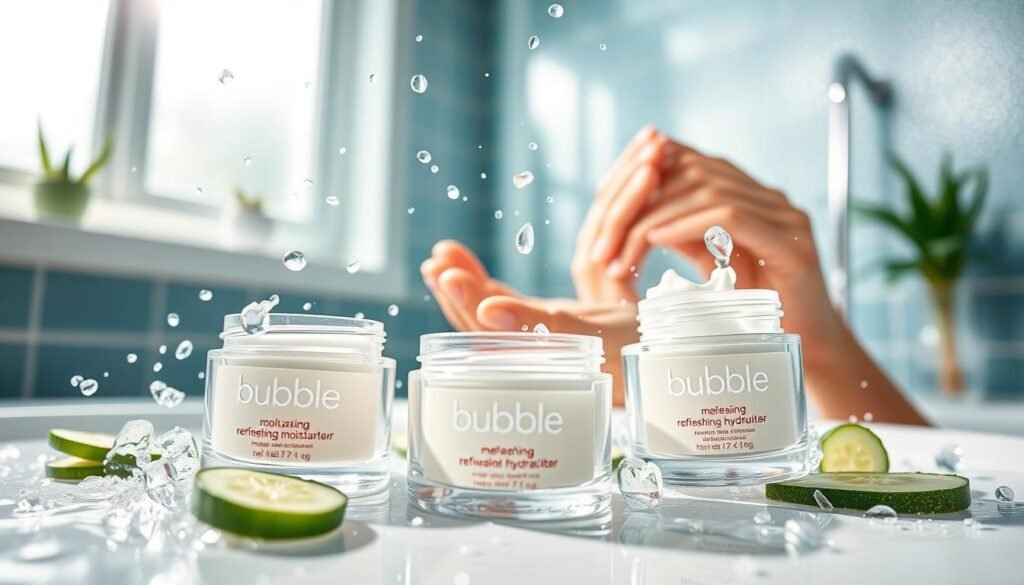 A dynamic scene capturing the essence of "slam dunk hydrating" with a focus on a refreshing, vibrant skincare product from Bubble for dry skin. In the foreground, elegantly designed Bubble moisturizer jars bursting with hydration, surrounded by droplets of water and fresh ingredients like aloe vera and cucumber slices. The middle layer showcases hands applying the moisturizer, emphasizing a smooth and nourishing texture. In the background, a serene bathroom ambiance with soft, diffused sunlight filtering through frosted glass, casting gentle reflections. The mood is uplifting and rejuvenating, evoking a sense of relief and care for the skin. Use a wide-angle lens to capture depth, with bright and natural lighting to highlight the fresh colors. A dynamic scene capturing the essence of "slam dunk hydrating" with a focus on a refreshing, vibrant skincare product from Bubble for dry skin. In the foreground, elegantly designed Bubble moisturizer jars bursting with hydration, surrounded by droplets of water and fresh ingredients like aloe vera and cucumber slices. The middle layer showcases hands applying the moisturizer, emphasizing a smooth and nourishing texture. In the background, a serene bathroom ambiance with soft, diffused sunlight filtering through frosted glass, casting gentle reflections. The mood is uplifting and rejuvenating, evoking a sense of relief and care for the skin. Use a wide-angle lens to capture depth, with bright and natural lighting to highlight the fresh colors.