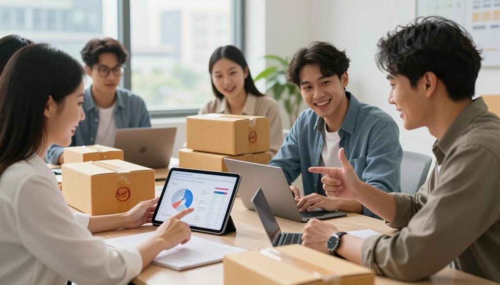 A dynamic scene depicting a diverse group of professionals gathered around a large table, analyzing shipping logistics and customer feedback on digital devices. In the foreground, a woman in business attire highlights a chart showing rapid shipping timelines on a tablet, while a man beside her, dressed in a smart casual outfit, enthusiastically gestures with a thumbs-up. The middle ground features various shipping boxes bearing vibrant, recognizable brands, indicating an efficient fulfillment process. In the background, a sunlit office space with large windows reveals a bustling cityscape, adding an element of success and energy. The lighting is bright and inviting, conveying a sense of positivity and accomplishment, with focus on the expressions of satisfaction on the customers' faces. A dynamic scene depicting a diverse group of professionals gathered around a large table, analyzing shipping logistics and customer feedback on digital devices. In the foreground, a woman in business attire highlights a chart showing rapid shipping timelines on a tablet, while a man beside her, dressed in a smart casual outfit, enthusiastically gestures with a thumbs-up. The middle ground features various shipping boxes bearing vibrant, recognizable brands, indicating an efficient fulfillment process. In the background, a sunlit office space with large windows reveals a bustling cityscape, adding an element of success and energy. The lighting is bright and inviting, conveying a sense of positivity and accomplishment, with focus on the expressions of satisfaction on the customers' faces.