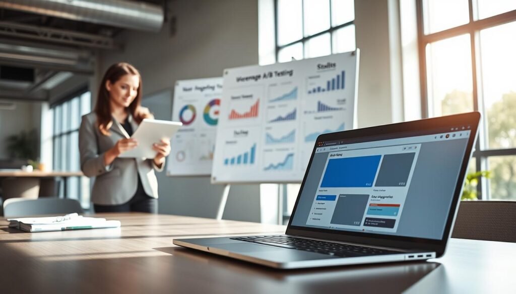 A dynamic workspace illustrating A/B testing in digital marketing. In the foreground, a sleek laptop displays two different webpage layouts side by side, with distinct color schemes and button placements. To the left, a professional woman in business attire analyzes user engagement metrics on a tablet, her expression focused and insightful. In the middle, a large whiteboard is filled with charts and graphs highlighting A/B testing results, surrounded by analytics posters. The background features a modern office environment with large windows allowing natural light to flood in, creating an illuminated and productive atmosphere. The mood is collaborative and analytical, capturing the essence of digital marketing innovation and the power of A/B testing. Soft shadows and a slightly elevated angle give depth and clarity to the scene. A dynamic workspace illustrating A/B testing in digital marketing. In the foreground, a sleek laptop displays two different webpage layouts side by side, with distinct color schemes and button placements. To the left, a professional woman in business attire analyzes user engagement metrics on a tablet, her expression focused and insightful. In the middle, a large whiteboard is filled with charts and graphs highlighting A/B testing results, surrounded by analytics posters. The background features a modern office environment with large windows allowing natural light to flood in, creating an illuminated and productive atmosphere. The mood is collaborative and analytical, capturing the essence of digital marketing innovation and the power of A/B testing. Soft shadows and a slightly elevated angle give depth and clarity to the scene.