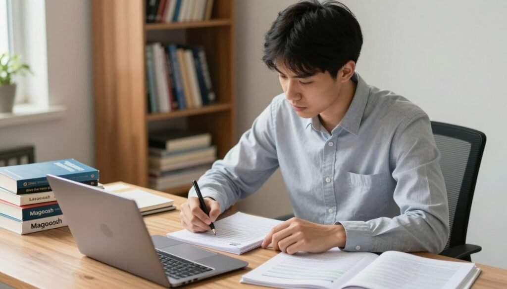 A focused and diligent GRE prep student sits at a well-organized study desk, surrounded by books and study materials from Magoosh. The student, a young adult of Asian descent, is dressed in smart casual attire—neat shirt and slacks—exuding a sense of professionalism and dedication. In the background, a bookshelf filled with educational resources highlights a commitment to self-improvement. Natural light filters in through a nearby window, creating a warm and inviting atmosphere. The angle captures the student deeply engaged with a laptop, taking notes on a study guide, emphasizing concentration and motivation. The overall mood is inspiring, reflecting the ideal profile of a student who is serious about excelling on the GRE exam. A focused and diligent GRE prep student sits at a well-organized study desk, surrounded by books and study materials from Magoosh. The student, a young adult of Asian descent, is dressed in smart casual attire—neat shirt and slacks—exuding a sense of professionalism and dedication. In the background, a bookshelf filled with educational resources highlights a commitment to self-improvement. Natural light filters in through a nearby window, creating a warm and inviting atmosphere. The angle captures the student deeply engaged with a laptop, taking notes on a study guide, emphasizing concentration and motivation. The overall mood is inspiring, reflecting the ideal profile of a student who is serious about excelling on the GRE exam.