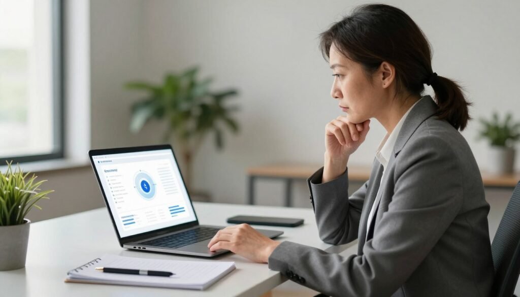 A focused, professional individual sitting at a sleek desk, surrounded by modern technology and data analytics tools, reflecting consideration and critical thinking. The foreground features a well-dressed person, a middle-aged woman in a tailored blazer, deep in thought while examining a digital device displaying data removal options. In the middle ground, a bright laptop screen glows, highlighting simplistic graphics about data privacy. The background shows a minimalistic office setting with soft green plants and natural light streaming through a large window, creating an inviting atmosphere. The image is captured with a slight depth of field to emphasize the subject, using warm lighting to evoke a sense of professionalism and reliability. The mood is focused and informative, embodying the theme of data protection and user empowerment. A focused, professional individual sitting at a sleek desk, surrounded by modern technology and data analytics tools, reflecting consideration and critical thinking. The foreground features a well-dressed person, a middle-aged woman in a tailored blazer, deep in thought while examining a digital device displaying data removal options. In the middle ground, a bright laptop screen glows, highlighting simplistic graphics about data privacy. The background shows a minimalistic office setting with soft green plants and natural light streaming through a large window, creating an inviting atmosphere. The image is captured with a slight depth of field to emphasize the subject, using warm lighting to evoke a sense of professionalism and reliability. The mood is focused and informative, embodying the theme of data protection and user empowerment.