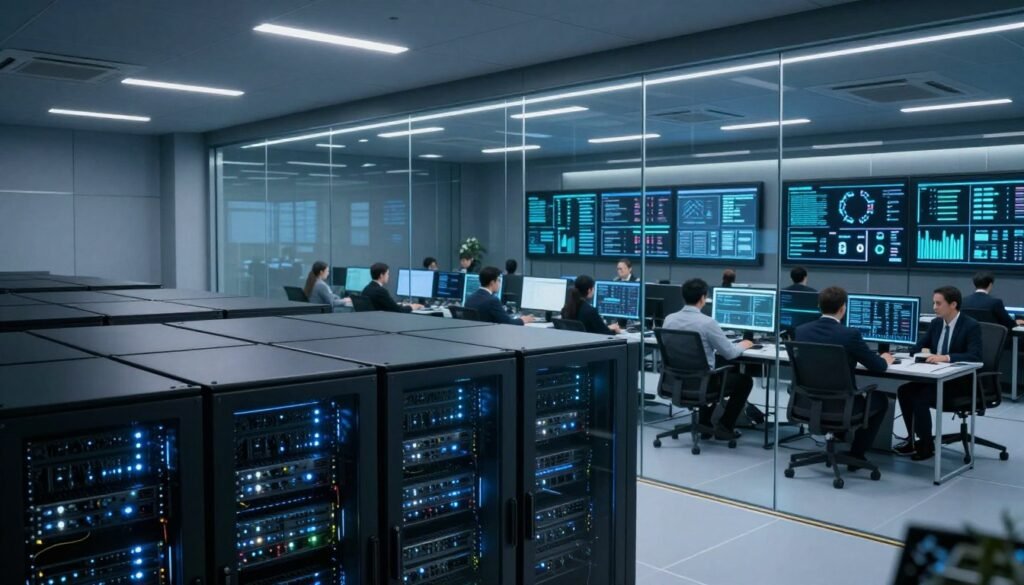 A futuristic and secure data center interior featuring advanced enterprise-grade architecture. In the foreground, sleek, high-tech servers with blinking LEDs are arranged neatly, emphasizing organized efficiency. The middle ground showcases reinforced glass walls with security monitoring panels displaying real-time analytics. Surrounding this is a dedicated cybersecurity team, dressed in professional business attire, analyzing data on multiple screens, showcasing collaboration and focus. The background contains a high, illuminated ceiling with energy-efficient LED lights casting a cool glow throughout the room. The angle captures the depth of the space, emphasizing both the intricate design and robust security systems at play. The atmosphere feels calm yet intense, embodying a sense of innovation and vigilance in security. A futuristic and secure data center interior featuring advanced enterprise-grade architecture. In the foreground, sleek, high-tech servers with blinking LEDs are arranged neatly, emphasizing organized efficiency. The middle ground showcases reinforced glass walls with security monitoring panels displaying real-time analytics. Surrounding this is a dedicated cybersecurity team, dressed in professional business attire, analyzing data on multiple screens, showcasing collaboration and focus. The background contains a high, illuminated ceiling with energy-efficient LED lights casting a cool glow throughout the room. The angle captures the depth of the space, emphasizing both the intricate design and robust security systems at play. The atmosphere feels calm yet intense, embodying a sense of innovation and vigilance in security.
