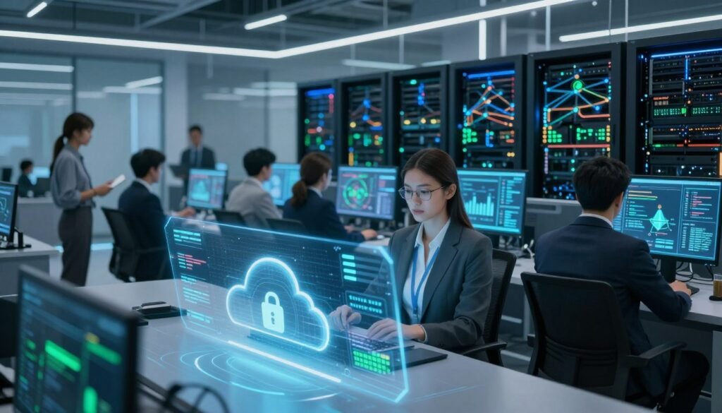 A futuristic cloud security platform depicted in a sleek, modern data center environment. In the foreground, a holographic interface showcases real-time security metrics and threat detection alerts, illuminated by soft blue and green lights. The middle ground features a diverse group of professionals in business attire, intently analyzing security data on transparent screens. In the background, towering servers and intricate network designs emphasize the advanced infrastructure. The lighting is bright yet ambient, creating a sense of urgency and vigilance. The image conveys a cutting-edge, secure environment focused on safeguarding cloud resources, matching the theme of enterprise security and modern technological advancements. A futuristic cloud security platform depicted in a sleek, modern data center environment. In the foreground, a holographic interface showcases real-time security metrics and threat detection alerts, illuminated by soft blue and green lights. The middle ground features a diverse group of professionals in business attire, intently analyzing security data on transparent screens. In the background, towering servers and intricate network designs emphasize the advanced infrastructure. The lighting is bright yet ambient, creating a sense of urgency and vigilance. The image conveys a cutting-edge, secure environment focused on safeguarding cloud resources, matching the theme of enterprise security and modern technological advancements.