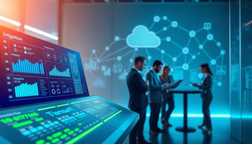 A futuristic data integration scene illustrating "Tenable Cloud." In the foreground, a sleek, modern control panel displays various security metrics and integration options, glowing softly with blue and green lights. The middle layer features a diverse group of professionals in business attire collaborating over digital devices, deeply engaged in analyzing security data. In the background, a stylized cloud network visual connects multiple data streams, symbolizing seamless integration of third-party tools into a single platform. Soft, ambient lighting enhances the atmosphere, giving a sense of innovation and teamwork. The image captures a dynamic and professional mood, emphasizing the efficient merging of technology and security solutions. A futuristic data integration scene illustrating "Tenable Cloud." In the foreground, a sleek, modern control panel displays various security metrics and integration options, glowing softly with blue and green lights. The middle layer features a diverse group of professionals in business attire collaborating over digital devices, deeply engaged in analyzing security data. In the background, a stylized cloud network visual connects multiple data streams, symbolizing seamless integration of third-party tools into a single platform. Soft, ambient lighting enhances the atmosphere, giving a sense of innovation and teamwork. The image captures a dynamic and professional mood, emphasizing the efficient merging of technology and security solutions.