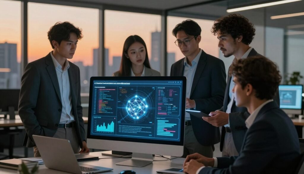 A futuristic digital interface showcasing an AI content detection and plagiarism checker. In the foreground, a sleek computer monitor displays analytics and graphs related to content originality, with glowing lines of code and neural network patterns floating around. In the middle ground, a diverse group of professionals dressed in smart business attire are collaborating, looking at the screen with focused expressions. The background features a modern office with a glass window revealing a city skyline at dusk, casting a warm orange glow. Soft, ambient lighting creates a productive atmosphere, while the overall tone emphasizes innovation and intelligence in content creation and evaluation. A futuristic digital interface showcasing an AI content detection and plagiarism checker. In the foreground, a sleek computer monitor displays analytics and graphs related to content originality, with glowing lines of code and neural network patterns floating around. In the middle ground, a diverse group of professionals dressed in smart business attire are collaborating, looking at the screen with focused expressions. The background features a modern office with a glass window revealing a city skyline at dusk, casting a warm orange glow. Soft, ambient lighting creates a productive atmosphere, while the overall tone emphasizes innovation and intelligence in content creation and evaluation.