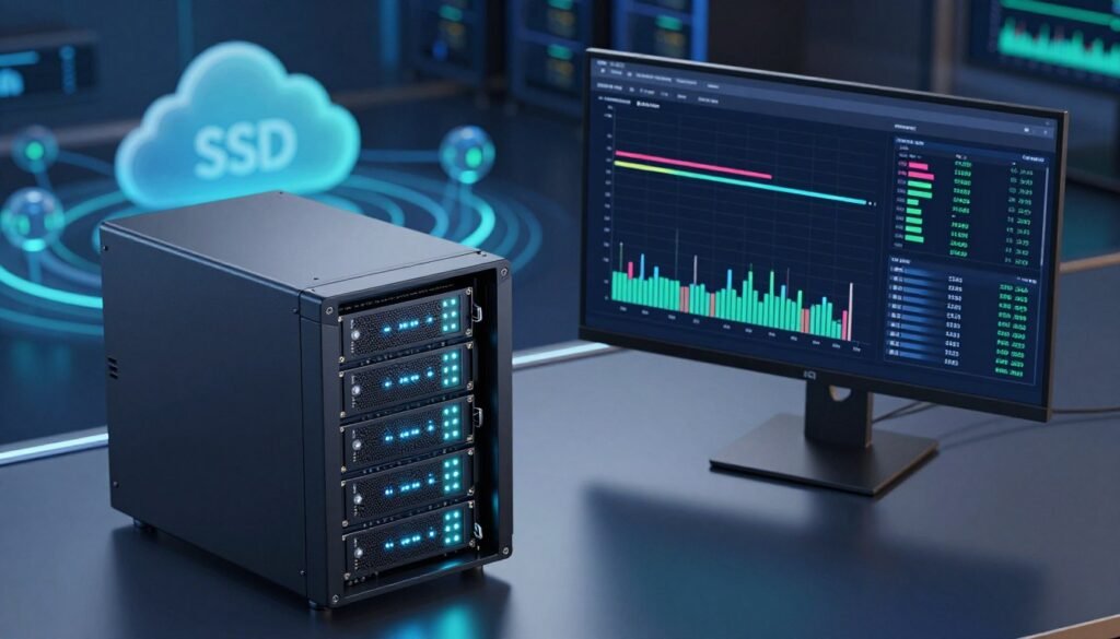 A futuristic digital workspace showcasing SSD hosting and advanced caching features. In the foreground, a sleek, modern server unit with glowing LED indicators, representing high-speed SSD storage. The middle ground features a computer monitor displaying sophisticated graphs of performance metrics and caching statistics, with vibrant colors illustrating data flows. The background contains abstract representations of cloud technology and interconnected servers, with a blue and green color palette that conveys a high-tech ambiance. Soft, diffused lighting highlights the server and monitor, creating a professional yet innovative atmosphere. The angle is slightly tilted, as if viewing from an elevated perspective, enhancing the advanced technology theme. A futuristic digital workspace showcasing SSD hosting and advanced caching features. In the foreground, a sleek, modern server unit with glowing LED indicators, representing high-speed SSD storage. The middle ground features a computer monitor displaying sophisticated graphs of performance metrics and caching statistics, with vibrant colors illustrating data flows. The background contains abstract representations of cloud technology and interconnected servers, with a blue and green color palette that conveys a high-tech ambiance. Soft, diffused lighting highlights the server and monitor, creating a professional yet innovative atmosphere. The angle is slightly tilted, as if viewing from an elevated perspective, enhancing the advanced technology theme.