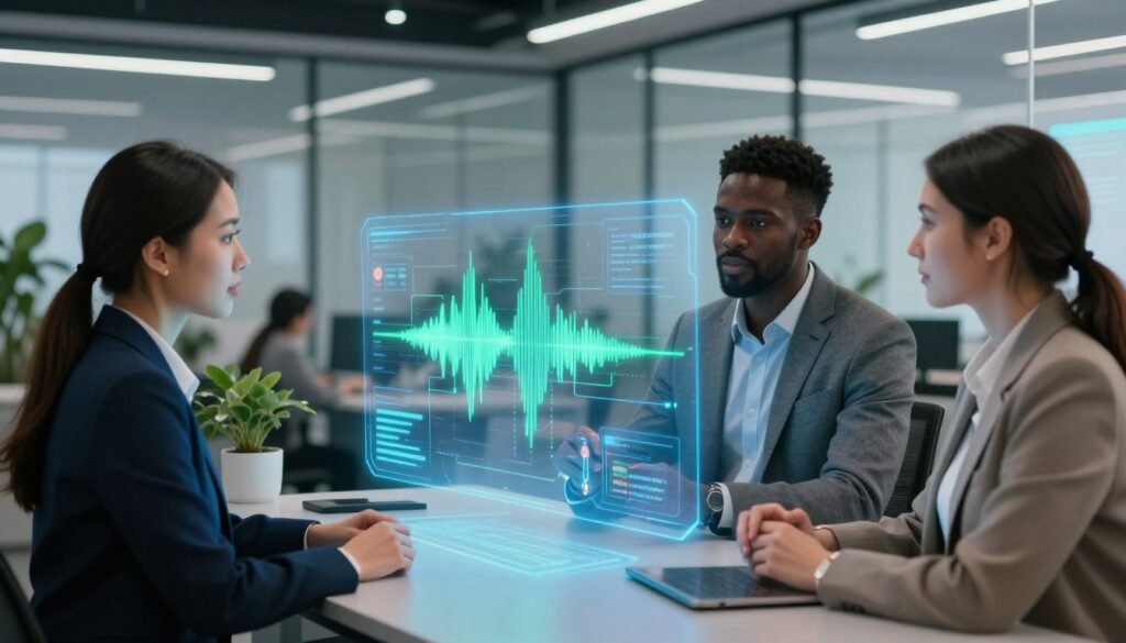 A futuristic office environment showcasing a scalable voice AI solution in action. In the foreground, a diverse team of three professionals—an Asian woman, a Black man, and a Caucasian woman—wearing smart business attire, are engaged in a collaborative discussion around a sleek, interactive holographic display. The middle features the holographic interface, displaying dynamic voice waveforms, integration pipelines, and flowing data streams, illuminated in vibrant blues and greens. In the background, a modern workspace with glass walls, greenery, and advanced technology elements sets a tech-savvy atmosphere. Soft, diffused lighting enhances the professional mood, while a slight depth of field blurs the background slightly, drawing focus to the team and the innovative technology. A futuristic office environment showcasing a scalable voice AI solution in action. In the foreground, a diverse team of three professionals—an Asian woman, a Black man, and a Caucasian woman—wearing smart business attire, are engaged in a collaborative discussion around a sleek, interactive holographic display. The middle features the holographic interface, displaying dynamic voice waveforms, integration pipelines, and flowing data streams, illuminated in vibrant blues and greens. In the background, a modern workspace with glass walls, greenery, and advanced technology elements sets a tech-savvy atmosphere. Soft, diffused lighting enhances the professional mood, while a slight depth of field blurs the background slightly, drawing focus to the team and the innovative technology.