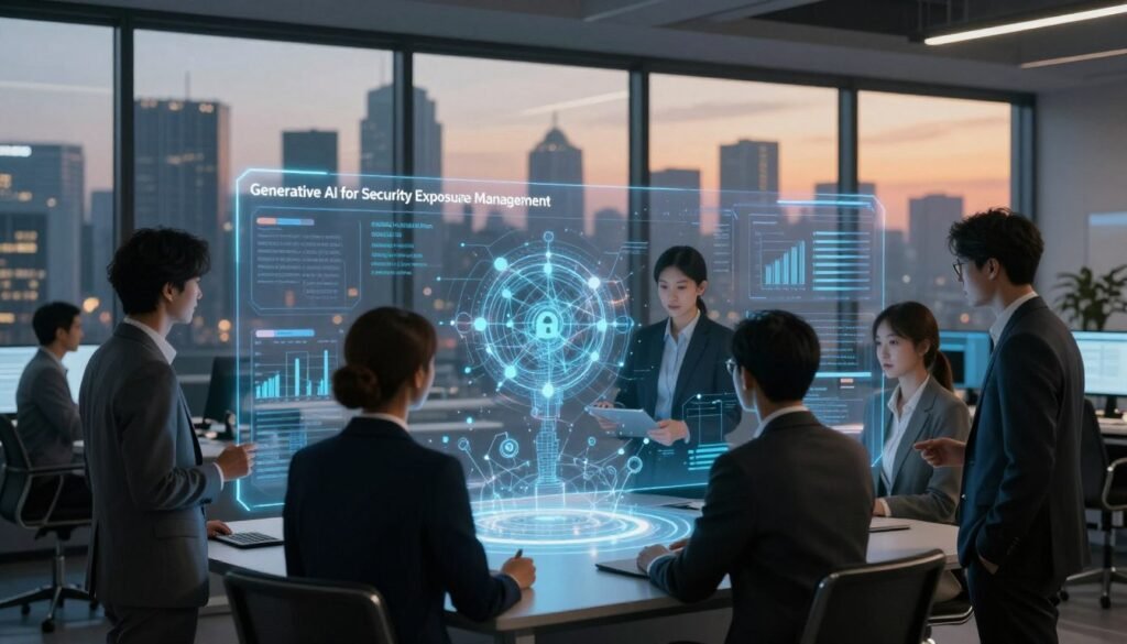 A futuristic office environment showcasing the concept of "Generative AI for Security Exposure Management." In the foreground, a diverse group of professionals in business attire collaborates around a high-tech digital display, analyzing data visualizations that resemble network vulnerabilities and security metrics. The middle layer features sleek, glowing interfaces with intricate algorithms and AI patterns, symbolizing the power of generative AI. The background includes a large window revealing a city skyline at dusk, casting warm, ambient lighting into the room. The atmosphere conveys innovation and urgency, emphasizing the critical nature of enterprise security. Soft shadows and highlights create depth, reminiscent of a modern tech firm, focusing on teamwork and advanced technology in action. A futuristic office environment showcasing the concept of "Generative AI for Security Exposure Management." In the foreground, a diverse group of professionals in business attire collaborates around a high-tech digital display, analyzing data visualizations that resemble network vulnerabilities and security metrics. The middle layer features sleek, glowing interfaces with intricate algorithms and AI patterns, symbolizing the power of generative AI. The background includes a large window revealing a city skyline at dusk, casting warm, ambient lighting into the room. The atmosphere conveys innovation and urgency, emphasizing the critical nature of enterprise security. Soft shadows and highlights create depth, reminiscent of a modern tech firm, focusing on teamwork and advanced technology in action.