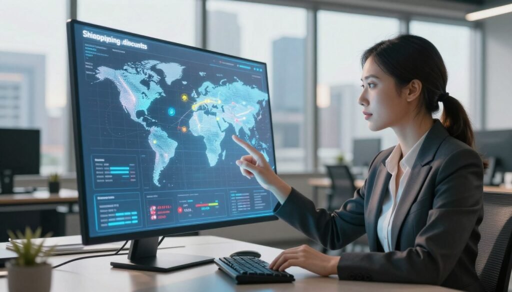 A futuristic office setting showcasing shipping logistics, with a sleek digital interface displaying pre-negotiated shipping discounts. In the foreground, a well-dressed business professional, a woman in a smart blazer, studies the screen intently, with an expression of confidence and focus. In the middle ground, a holographic projection of a globe with shipping routes and discount percentages, glowing softly, emphasizes the ease of global shipping. In the background, large windows reveal a bustling city skyline, complemented by natural sunlight streaming in, casting a warm glow. The atmosphere is dynamic and efficient, reflecting a modern e-commerce business environment. The focus is on clarity and professionalism, with a sense of innovation emanating from the shipping platform. A futuristic office setting showcasing shipping logistics, with a sleek digital interface displaying pre-negotiated shipping discounts. In the foreground, a well-dressed business professional, a woman in a smart blazer, studies the screen intently, with an expression of confidence and focus. In the middle ground, a holographic projection of a globe with shipping routes and discount percentages, glowing softly, emphasizes the ease of global shipping. In the background, large windows reveal a bustling city skyline, complemented by natural sunlight streaming in, casting a warm glow. The atmosphere is dynamic and efficient, reflecting a modern e-commerce business environment. The focus is on clarity and professionalism, with a sense of innovation emanating from the shipping platform.