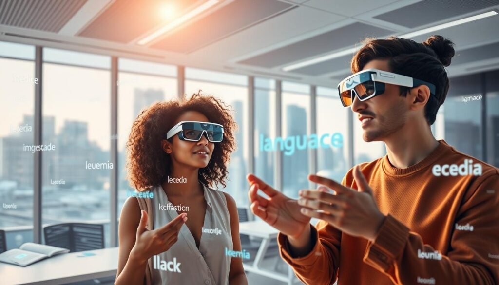 A futuristic scene illustrating augmented reality in a language-learning context. In the foreground, a diverse group of three individuals, a man and a woman of varying ethnicities, wearing smart glasses and interacting with floating holographic text and images, engaged in learning a new language. In the middle ground, a virtual world blends seamlessly with a modern classroom featuring digital interfaces, augmented objects like interactive language books and floating vocabulary words. The background showcases a sleek, minimalist cityscape bathed in soft, natural light, enhancing the technological atmosphere. The overall mood is dynamic and inspiring, conveying the innovative and immersive nature of augmented reality in education, with a focus on collaboration and engagement. A futuristic scene illustrating augmented reality in a language-learning context. In the foreground, a diverse group of three individuals, a man and a woman of varying ethnicities, wearing smart glasses and interacting with floating holographic text and images, engaged in learning a new language. In the middle ground, a virtual world blends seamlessly with a modern classroom featuring digital interfaces, augmented objects like interactive language books and floating vocabulary words. The background showcases a sleek, minimalist cityscape bathed in soft, natural light, enhancing the technological atmosphere. The overall mood is dynamic and inspiring, conveying the innovative and immersive nature of augmented reality in education, with a focus on collaboration and engagement.