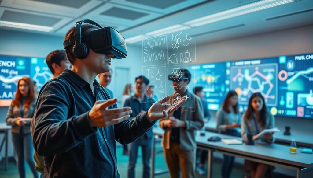 A futuristic virtual reality scene depicting a diverse group of individuals, ages ranging from teens to adults, engaged in an immersive educational experience. In the foreground, one person, wearing a modern VR headset and casual attire, gestures animatedly while interacting with a holographic display of scientific diagrams and experiment results. In the middle ground, others observe and discuss, some taking notes, all focused on a vibrant, visually stimulating learning environment. The background features sleek, high-tech classrooms with large screens displaying digital simulations of chemical reactions and physics experiments. Soft blue and green ambient lighting creates a warm, inviting atmosphere, while the perspective is slightly angled from above, emphasizing the engagement of the participants in this step-by-step learning process. A futuristic virtual reality scene depicting a diverse group of individuals, ages ranging from teens to adults, engaged in an immersive educational experience. In the foreground, one person, wearing a modern VR headset and casual attire, gestures animatedly while interacting with a holographic display of scientific diagrams and experiment results. In the middle ground, others observe and discuss, some taking notes, all focused on a vibrant, visually stimulating learning environment. The background features sleek, high-tech classrooms with large screens displaying digital simulations of chemical reactions and physics experiments. Soft blue and green ambient lighting creates a warm, inviting atmosphere, while the perspective is slightly angled from above, emphasizing the engagement of the participants in this step-by-step learning process.
