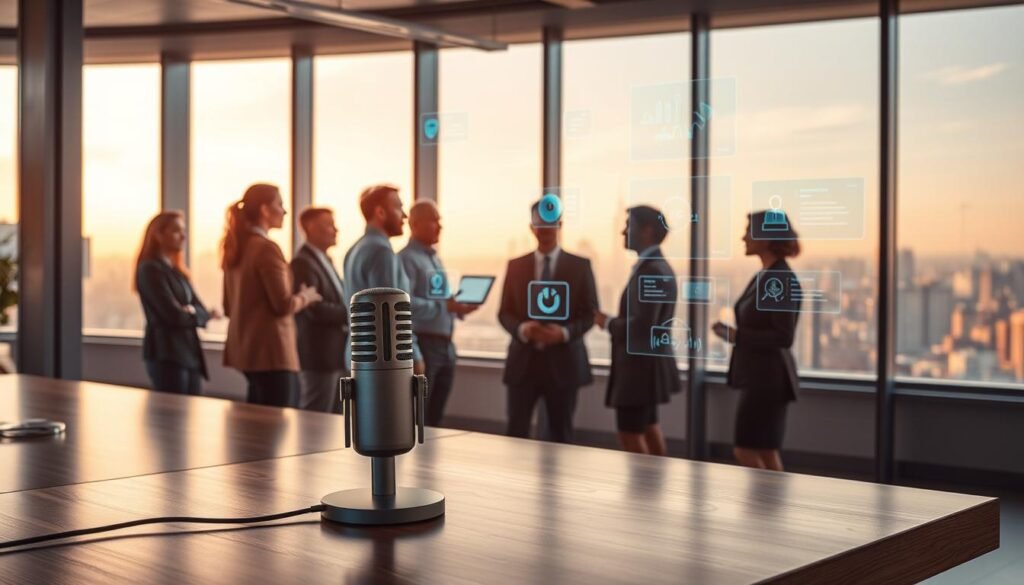 A futuristic workspace showcasing advanced voice technology in action. In the foreground, a sleek, modern microphone sits on a polished wooden desk, illuminated by soft blue backlighting. In the middle ground, a diverse team of professionals in business attire, including men and women of different ethnicities, engage in a discussion while interacting with floating holographic interfaces displaying data visualizations and voice commands. In the background, large glass windows reveal a panoramic view of a vibrant city skyline, bathed in warm sunlight, creating an atmosphere of innovation and collaboration. The overall mood is dynamic and inspiring, emphasizing the cutting-edge technology that powers Pipes.ai with low-latency responsiveness. The image captures the essence of integration and efficiency in voice-driven solutions. A futuristic workspace showcasing advanced voice technology in action. In the foreground, a sleek, modern microphone sits on a polished wooden desk, illuminated by soft blue backlighting. In the middle ground, a diverse team of professionals in business attire, including men and women of different ethnicities, engage in a discussion while interacting with floating holographic interfaces displaying data visualizations and voice commands. In the background, large glass windows reveal a panoramic view of a vibrant city skyline, bathed in warm sunlight, creating an atmosphere of innovation and collaboration. The overall mood is dynamic and inspiring, emphasizing the cutting-edge technology that powers Pipes.ai with low-latency responsiveness. The image captures the essence of integration and efficiency in voice-driven solutions.