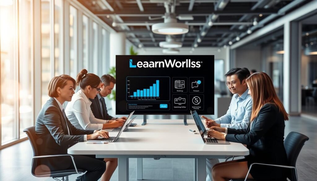 A harmonious workspace depicting integration and flexibility in technology. In the foreground, a diverse group of professionals dressed in smart business attire collaborate around a sleek, modern table, interacting with various digital devices displaying graphs and application interfaces. The middle ground features a large digital screen displaying the LearnWorlds logo alongside interface icons representing different tools, illustrating seamless connections. The background features a bright, open office environment with large windows, allowing natural light to flood in and create an inspiring atmosphere. Soft bokeh effects add depth, emphasizing the synergy of technology and teamwork, capturing a sense of innovation and collaboration in a vibrant yet professional setting. A harmonious workspace depicting integration and flexibility in technology. In the foreground, a diverse group of professionals dressed in smart business attire collaborate around a sleek, modern table, interacting with various digital devices displaying graphs and application interfaces. The middle ground features a large digital screen displaying the LearnWorlds logo alongside interface icons representing different tools, illustrating seamless connections. The background features a bright, open office environment with large windows, allowing natural light to flood in and create an inspiring atmosphere. Soft bokeh effects add depth, emphasizing the synergy of technology and teamwork, capturing a sense of innovation and collaboration in a vibrant yet professional setting.