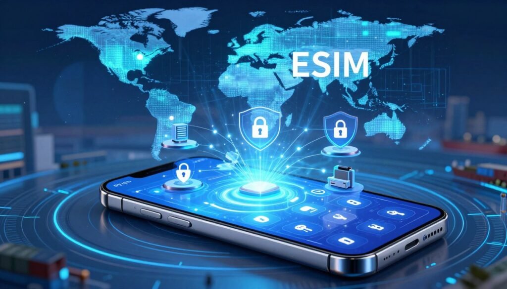 A high-tech representation of eSIM security and privacy features, featuring a futuristic digital landscape. In the foreground, a sleek, modern smartphone displays an animated interface highlighting security icons like locks, shields, and privacy keys. The middle layer showcases a multi-layered network of interconnected devices radiating a soft blue light, symbolizing connectivity and security. In the background, an abstract representation of a global map illuminated with data streams, emphasizing global shipping. The atmosphere is vibrant and secure, with ethereal lighting to suggest advanced technology. The lens should capture a slight angle, creating a dynamic perspective, with a focus on clarity and detail. A high-tech representation of eSIM security and privacy features, featuring a futuristic digital landscape. In the foreground, a sleek, modern smartphone displays an animated interface highlighting security icons like locks, shields, and privacy keys. The middle layer showcases a multi-layered network of interconnected devices radiating a soft blue light, symbolizing connectivity and security. In the background, an abstract representation of a global map illuminated with data streams, emphasizing global shipping. The atmosphere is vibrant and secure, with ethereal lighting to suggest advanced technology. The lens should capture a slight angle, creating a dynamic perspective, with a focus on clarity and detail.