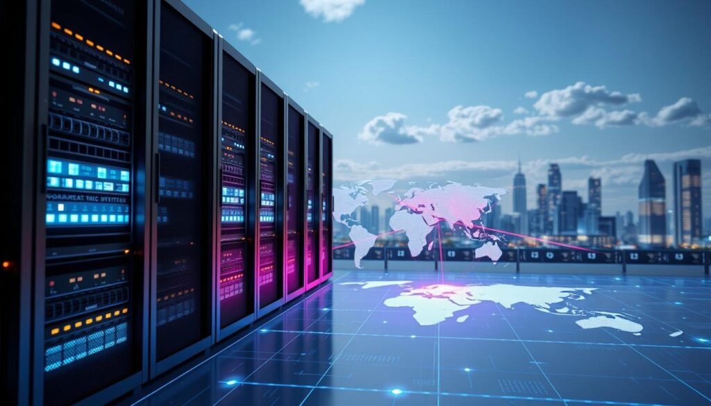 A high-tech visualization of a Content Delivery Network (CDN) system, showcasing a global network of interconnected servers rendered in a sleek, modern aesthetic. In the foreground, a detailed 3D illustration of server racks emits a soft blue glow, symbolizing data transmission. The middle layer features data flow lines in vibrant colors, connecting servers across different continents depicted on a digital world map. The background illustrates a futuristic city skyline with subtle cloud formations, emphasizing the concept of global reach. Utilize dramatic lighting from the server racks, creating deep shadows that enhance the high-tech feel. The image should convey an atmosphere of innovation and efficiency, reflecting a seamless connection in digital communications. No text or extra elements should be included. A high-tech visualization of a Content Delivery Network (CDN) system, showcasing a global network of interconnected servers rendered in a sleek, modern aesthetic. In the foreground, a detailed 3D illustration of server racks emits a soft blue glow, symbolizing data transmission. The middle layer features data flow lines in vibrant colors, connecting servers across different continents depicted on a digital world map. The background illustrates a futuristic city skyline with subtle cloud formations, emphasizing the concept of global reach. Utilize dramatic lighting from the server racks, creating deep shadows that enhance the high-tech feel. The image should convey an atmosphere of innovation and efficiency, reflecting a seamless connection in digital communications. No text or extra elements should be included.