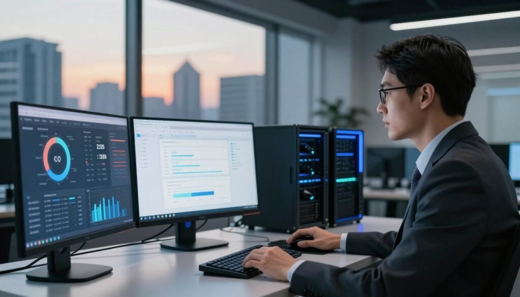 A high-tech workspace environment showcasing performance speed and uptime testing for WordPress hosting. In the foreground, a professional in business attire, intently observing multiple screens displaying dynamic graphs, charts, and metrics related to website performance. The middle layer features a sleek desk with advanced computing hardware and servers, subtly illuminated by cool blue LED lights that enhance the tech atmosphere. In the background, a large window reveals a modern city skyline during sunset, casting soft golden light into the room. The overall mood is focused and innovative, with a sense of urgency reflected in the subject's expression. The composition captures a harmonious blend of technology and professionalism, evoking the essence of performance testing in a secure hosting environment. A high-tech workspace environment showcasing performance speed and uptime testing for WordPress hosting. In the foreground, a professional in business attire, intently observing multiple screens displaying dynamic graphs, charts, and metrics related to website performance. The middle layer features a sleek desk with advanced computing hardware and servers, subtly illuminated by cool blue LED lights that enhance the tech atmosphere. In the background, a large window reveals a modern city skyline during sunset, casting soft golden light into the room. The overall mood is focused and innovative, with a sense of urgency reflected in the subject's expression. The composition captures a harmonious blend of technology and professionalism, evoking the essence of performance testing in a secure hosting environment.