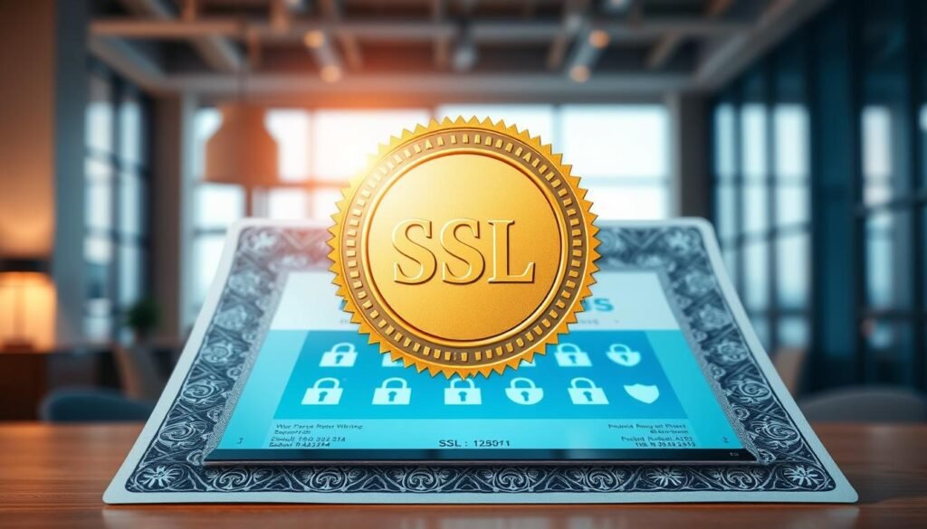 A highly detailed SSL certificate displayed prominently in the foreground, showcasing intricate patterns and a gleaming gold seal that symbolizes security and trust. The middle layer features a sleek digital tablet with security icons like locks and shields, emphasizing the technological aspect of SSL certificates. In the background, a modern office setting is subtly blurred, with soft natural lighting filtering through large windows, creating a calm and professional atmosphere. The image is shot from a slightly elevated angle, highlighting the depth of field and making the certificate the focal point. The overall mood is reassuring and sophisticated, perfect for illustrating the best deals and guarantees associated with SSL certificate purchases. A highly detailed SSL certificate displayed prominently in the foreground, showcasing intricate patterns and a gleaming gold seal that symbolizes security and trust. The middle layer features a sleek digital tablet with security icons like locks and shields, emphasizing the technological aspect of SSL certificates. In the background, a modern office setting is subtly blurred, with soft natural lighting filtering through large windows, creating a calm and professional atmosphere. The image is shot from a slightly elevated angle, highlighting the depth of field and making the certificate the focal point. The overall mood is reassuring and sophisticated, perfect for illustrating the best deals and guarantees associated with SSL certificate purchases.
