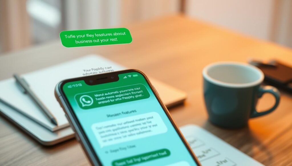 A highly detailed WhatsApp chat flow interface showcasing a modern business conversation. In the foreground, realistic chat bubbles display professional dialogue about automation features in Pabbly. In the middle, a smartphone screen is visible, angled slightly to reveal the chat interface filled with vibrant green and white colors typical of WhatsApp. The background includes blurred office elements—an elegant workspace with a laptop, notepad, and coffee cup, conveying a productive atmosphere. The lighting is soft and warm, creating a welcoming environment. The overall mood is focused and professional, emphasizing the theme of business automation through conversation. A highly detailed WhatsApp chat flow interface showcasing a modern business conversation. In the foreground, realistic chat bubbles display professional dialogue about automation features in Pabbly. In the middle, a smartphone screen is visible, angled slightly to reveal the chat interface filled with vibrant green and white colors typical of WhatsApp. The background includes blurred office elements—an elegant workspace with a laptop, notepad, and coffee cup, conveying a productive atmosphere. The lighting is soft and warm, creating a welcoming environment. The overall mood is focused and professional, emphasizing the theme of business automation through conversation.