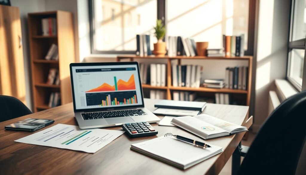 A modern, aesthetically pleasing workspace showcasing a detailed budget setup. In the foreground, a sleek wooden desk is adorned with a laptop displaying colorful graphs and charts related to budgeting, surrounded by neatly arranged financial documents. The middle ground features a minimalistic calculator and a stylish notepad with a pen, illustrating transaction tracking. In the background, a well-organized bookshelf filled with personal finance books and a small indoor plant for a touch of greenery. Soft, natural light floods the room through a large window, casting gentle shadows that create a calm and focused atmosphere. The overall mood is professional and inviting, perfect for inspiring effective financial management. A modern, aesthetically pleasing workspace showcasing a detailed budget setup. In the foreground, a sleek wooden desk is adorned with a laptop displaying colorful graphs and charts related to budgeting, surrounded by neatly arranged financial documents. The middle ground features a minimalistic calculator and a stylish notepad with a pen, illustrating transaction tracking. In the background, a well-organized bookshelf filled with personal finance books and a small indoor plant for a touch of greenery. Soft, natural light floods the room through a large window, casting gentle shadows that create a calm and focused atmosphere. The overall mood is professional and inviting, perfect for inspiring effective financial management.