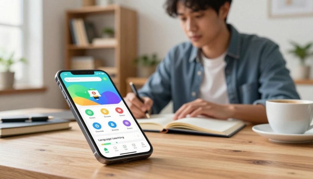 A modern and inviting language learning app interface displayed on a sleek smartphone resting on a wooden desk, surrounded by an organized workspace with a notebook, pen, and a cup of coffee. In the foreground, the phone screen showcases vibrant colors and engaging elements, illustrating user-friendly navigation and diverse language options. In the middle, a soft-focus view of a young adult wearing business casual attire, actively interacting with the app, with a focused expression and a notebook open nearby, indicating study and engagement. In the background, a softly lit room with shelves of books and plants, creating a cozy and inspiring atmosphere. Natural sunlight filters through a window, enhancing the sense of warmth and accessibility. The overall mood is productive and encouraging, embodying a seamless user experience in language learning. A modern and inviting language learning app interface displayed on a sleek smartphone resting on a wooden desk, surrounded by an organized workspace with a notebook, pen, and a cup of coffee. In the foreground, the phone screen showcases vibrant colors and engaging elements, illustrating user-friendly navigation and diverse language options. In the middle, a soft-focus view of a young adult wearing business casual attire, actively interacting with the app, with a focused expression and a notebook open nearby, indicating study and engagement. In the background, a softly lit room with shelves of books and plants, creating a cozy and inspiring atmosphere. Natural sunlight filters through a window, enhancing the sense of warmth and accessibility. The overall mood is productive and encouraging, embodying a seamless user experience in language learning.