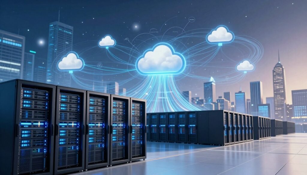 A modern cloud hosting infrastructure showcasing scalability in a vibrant, dynamic setting. In the foreground, depict a sleek data center with rows of illuminated server racks, representing powerful computing resources. In the middle ground, visualize interconnected cloud symbols and swirling data streams, illustrating the seamless flow of information and resources across vast networks. In the background, present a city skyline with digital overlays to signify growth and connectivity. Utilize bright, futuristic lighting to create an optimistic atmosphere, with a wide-angle perspective to enhance depth and scale. The overall mood should exude innovation and technological advancement, emphasizing the capacity for expansion and adaptability in cloud hosting solutions. A modern cloud hosting infrastructure showcasing scalability in a vibrant, dynamic setting. In the foreground, depict a sleek data center with rows of illuminated server racks, representing powerful computing resources. In the middle ground, visualize interconnected cloud symbols and swirling data streams, illustrating the seamless flow of information and resources across vast networks. In the background, present a city skyline with digital overlays to signify growth and connectivity. Utilize bright, futuristic lighting to create an optimistic atmosphere, with a wide-angle perspective to enhance depth and scale. The overall mood should exude innovation and technological advancement, emphasizing the capacity for expansion and adaptability in cloud hosting solutions.