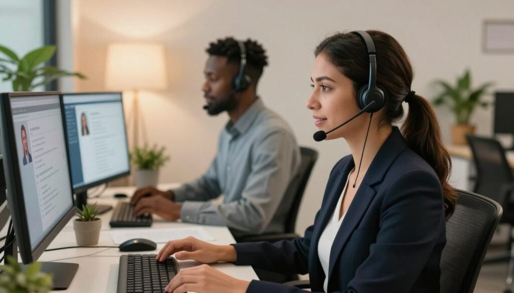A modern customer support live chat scene, featuring a diverse group of two professional customer support representatives in a well-lit office environment. In the foreground, one representative, a woman of Hispanic descent, with her hair neatly tied back, wearing a smart business outfit, is engaged in a conversation on a headset, her focused expression conveying attentiveness. The other representative, a Black man, is in the background, sitting at a desk loaded with dual monitors displaying customer queries. Soft, warm lighting enhances the friendly atmosphere, while potted plants add a touch of greenery. The overall feel is inviting and professional, emphasizing a dedicated customer support experience in a tech-focused setting. A modern customer support live chat scene, featuring a diverse group of two professional customer support representatives in a well-lit office environment. In the foreground, one representative, a woman of Hispanic descent, with her hair neatly tied back, wearing a smart business outfit, is engaged in a conversation on a headset, her focused expression conveying attentiveness. The other representative, a Black man, is in the background, sitting at a desk loaded with dual monitors displaying customer queries. Soft, warm lighting enhances the friendly atmosphere, while potted plants add a touch of greenery. The overall feel is inviting and professional, emphasizing a dedicated customer support experience in a tech-focused setting.