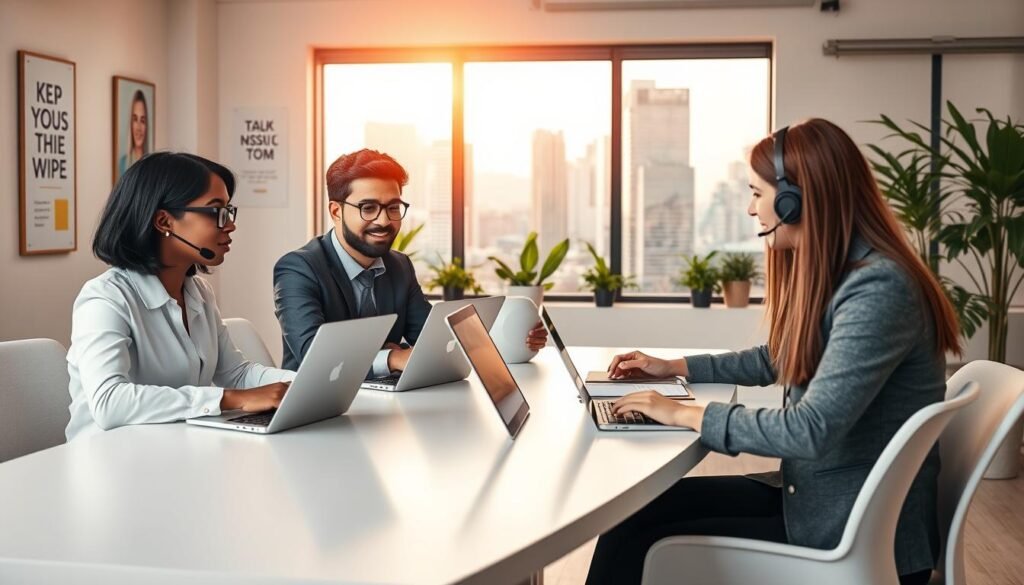 A modern customer support scene illustrating a professional environment. In the foreground, a diverse group of three customer support agents, one Black woman with short hair, one South Asian man with glasses, and one Caucasian woman with long hair, all dressed in business attire, are engaging in a collaborative discussion around a sleek, minimalist desk filled with laptops and notepads. The middle layer features an inviting office space with soft lighting, plants, and motivational posters in the background, promoting a sense of teamwork and success. The background showcases a large window displaying a cityscape, bathed in warm afternoon sunlight, creating an atmosphere of positivity and productivity. The overall mood is supportive, emphasizing collaboration and the commitment to customer service excellence. A modern customer support scene illustrating a professional environment. In the foreground, a diverse group of three customer support agents, one Black woman with short hair, one South Asian man with glasses, and one Caucasian woman with long hair, all dressed in business attire, are engaging in a collaborative discussion around a sleek, minimalist desk filled with laptops and notepads. The middle layer features an inviting office space with soft lighting, plants, and motivational posters in the background, promoting a sense of teamwork and success. The background showcases a large window displaying a cityscape, bathed in warm afternoon sunlight, creating an atmosphere of positivity and productivity. The overall mood is supportive, emphasizing collaboration and the commitment to customer service excellence.