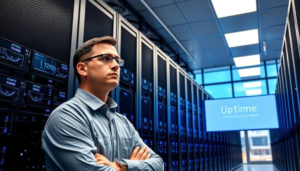 A modern data center filled with sleek server racks, glowing with blue LEDs to symbolize uptime and reliability. In the foreground, a focused IT professional in business attire monitors performance on a large screen displaying uptime statistics. The middle ground showcases cylindrical cooling systems and organized cables, emphasizing a high-tech environment. In the background, large glass windows reveal a clear blue sky, suggesting stability and trust. The scene is illuminated by bright, white overhead lights creating a clean, professional atmosphere. The composition is shot from a slightly elevated angle, capturing both the intricate details of the data center and the serious expression of the professional, reflecting the importance of reliability and uptime in hosting services. A modern data center filled with sleek server racks, glowing with blue LEDs to symbolize uptime and reliability. In the foreground, a focused IT professional in business attire monitors performance on a large screen displaying uptime statistics. The middle ground showcases cylindrical cooling systems and organized cables, emphasizing a high-tech environment. In the background, large glass windows reveal a clear blue sky, suggesting stability and trust. The scene is illuminated by bright, white overhead lights creating a clean, professional atmosphere. The composition is shot from a slightly elevated angle, capturing both the intricate details of the data center and the serious expression of the professional, reflecting the importance of reliability and uptime in hosting services.
