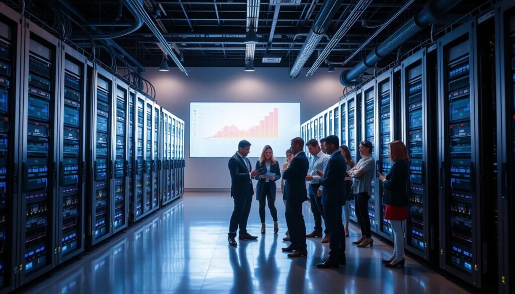 A modern data center showcasing managed hosting services, featuring rows of sleek servers with blinking lights, illustrating advanced technology. In the foreground, a diverse group of professionals in business attire are engaged in discussion, analyzing data on tablets and laptops, projecting collaboration and innovation. The middle ground emphasizes a high-tech environment, with large server racks and fiber optic cables, bathed in cool blue and white lighting, signifying security and efficiency. The background displays a large digital screen with graphs and analytics, indicating performance and uptime statistics. The atmosphere is focused and energetic, embodying the theme of speed and security in web hosting, under soft, ambient lighting that enhances the technical setting. A modern data center showcasing managed hosting services, featuring rows of sleek servers with blinking lights, illustrating advanced technology. In the foreground, a diverse group of professionals in business attire are engaged in discussion, analyzing data on tablets and laptops, projecting collaboration and innovation. The middle ground emphasizes a high-tech environment, with large server racks and fiber optic cables, bathed in cool blue and white lighting, signifying security and efficiency. The background displays a large digital screen with graphs and analytics, indicating performance and uptime statistics. The atmosphere is focused and energetic, embodying the theme of speed and security in web hosting, under soft, ambient lighting that enhances the technical setting.