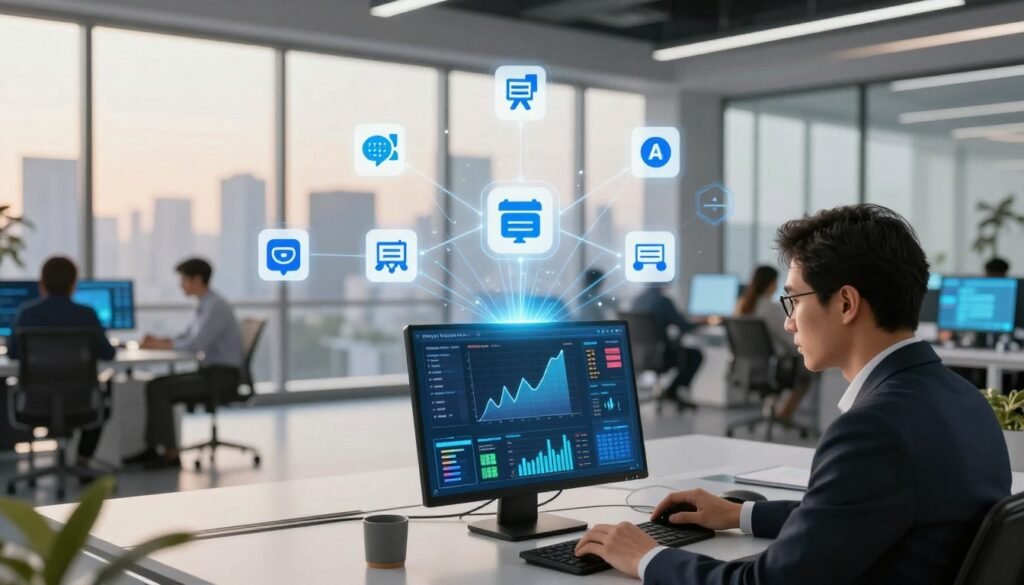 A modern data hub showcasing artificial intelligence tools designed for business growth. In the foreground, a sleek computer screen displays vibrant graphs and analytics, with a professional business person in formal attire closely reviewing the data. The middle layer features a network of interconnected icons symbolizing various AI tools, such as chatbots, predictive analytics, and CRM systems, radiating from the data hub. In the background, a futuristic office space filled with large windows showcases a city skyline, basked in soft, natural daylight. The atmosphere is dynamic and focused, with a sense of innovation and collaboration, emphasizing the potential of smart growth through technology. Use a wide-angle perspective to capture the entire scene, with warm lighting to create a welcoming and professional environment. A modern data hub showcasing artificial intelligence tools designed for business growth. In the foreground, a sleek computer screen displays vibrant graphs and analytics, with a professional business person in formal attire closely reviewing the data. The middle layer features a network of interconnected icons symbolizing various AI tools, such as chatbots, predictive analytics, and CRM systems, radiating from the data hub. In the background, a futuristic office space filled with large windows showcases a city skyline, basked in soft, natural daylight. The atmosphere is dynamic and focused, with a sense of innovation and collaboration, emphasizing the potential of smart growth through technology. Use a wide-angle perspective to capture the entire scene, with warm lighting to create a welcoming and professional environment.