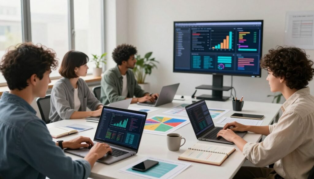 A modern data science workspace bustling with activity. In the foreground, a diverse group of three professionals, dressed in smart casual attire, engage with laptops and tablets displaying complex data visualizations and analytics dashboards. In the middle ground, a large table is covered with notebooks, coding reference materials, and vibrant infographics. A wall-mounted screen displays a collaborative data project in progress, with colorful charts and graphs. The background showcases a bright, airy office environment with large windows letting in natural light, providing a creative and focused atmosphere. Ideal composition emphasizes teamwork and hands-on learning, with soft, warm lighting enhancing the mood of productivity and innovation. A modern data science workspace bustling with activity. In the foreground, a diverse group of three professionals, dressed in smart casual attire, engage with laptops and tablets displaying complex data visualizations and analytics dashboards. In the middle ground, a large table is covered with notebooks, coding reference materials, and vibrant infographics. A wall-mounted screen displays a collaborative data project in progress, with colorful charts and graphs. The background showcases a bright, airy office environment with large windows letting in natural light, providing a creative and focused atmosphere. Ideal composition emphasizes teamwork and hands-on learning, with soft, warm lighting enhancing the mood of productivity and innovation.