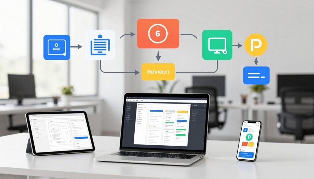 A modern design management system workflow illustration, showcasing a seamless integration of various design elements. In the foreground, a clean workspace featuring digital devices – a laptop open to a design dashboard, a tablet displaying a wireframe, and a smartphone with design mockups. The middle layer includes simplified flowcharts and icons representing different stages of the design process, such as planning, execution, and review, all connected with arrows. In the background, a well-organized office with bright, natural lighting streaming through large windows, creating an inspiring and productive atmosphere. The color palette is vibrant yet professional, emphasizing innovation and creativity, while maintaining clarity and simplicity in the overall composition. The scene should evoke a feeling of efficiency and collaboration in a tech-savvy environment. A modern design management system workflow illustration, showcasing a seamless integration of various design elements. In the foreground, a clean workspace featuring digital devices – a laptop open to a design dashboard, a tablet displaying a wireframe, and a smartphone with design mockups. The middle layer includes simplified flowcharts and icons representing different stages of the design process, such as planning, execution, and review, all connected with arrows. In the background, a well-organized office with bright, natural lighting streaming through large windows, creating an inspiring and productive atmosphere. The color palette is vibrant yet professional, emphasizing innovation and creativity, while maintaining clarity and simplicity in the overall composition. The scene should evoke a feeling of efficiency and collaboration in a tech-savvy environment.