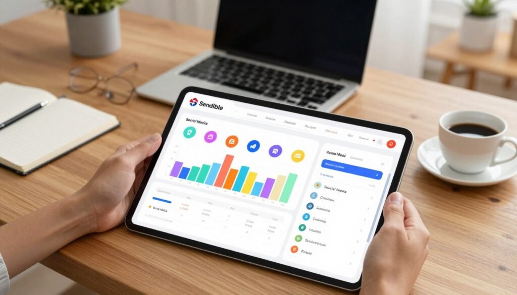 A modern digital dashboard showcasing Sendible's setup and ease of use. In the foreground, display a clean, user-friendly interface with vibrant graphs, social media icons, and task lists. Use a top-down perspective to highlight the dashboard, portraying an organized layout that emphasizes intuitive navigation. The middle ground includes a sleek laptop on a stylish wooden desk, surrounded by business tools like a notepad and a coffee cup, conveying a productive workspace. In the background, a softly lit office setting with minimalistic decor enhances the focus on the dashboard. Warm, natural lighting creates an inviting atmosphere, evoking a sense of efficiency and clarity in managing social media tasks. The composition is vibrant yet professional, making it clear that this is a sophisticated tool for social media management. A modern digital dashboard showcasing Sendible's setup and ease of use. In the foreground, display a clean, user-friendly interface with vibrant graphs, social media icons, and task lists. Use a top-down perspective to highlight the dashboard, portraying an organized layout that emphasizes intuitive navigation. The middle ground includes a sleek laptop on a stylish wooden desk, surrounded by business tools like a notepad and a coffee cup, conveying a productive workspace. In the background, a softly lit office setting with minimalistic decor enhances the focus on the dashboard. Warm, natural lighting creates an inviting atmosphere, evoking a sense of efficiency and clarity in managing social media tasks. The composition is vibrant yet professional, making it clear that this is a sophisticated tool for social media management.