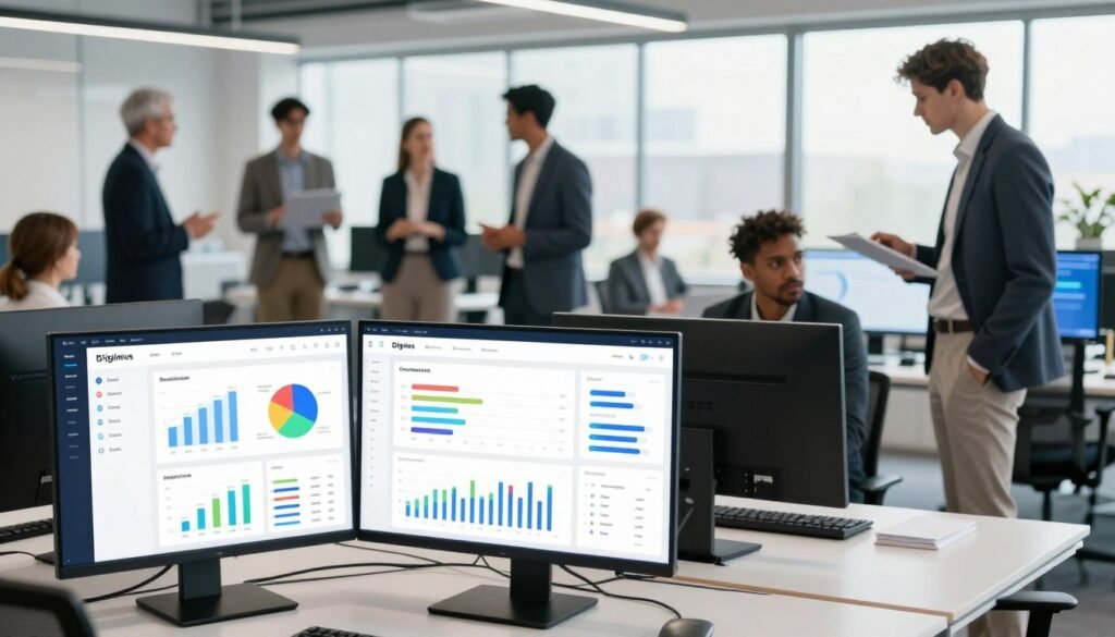 A modern digital dashboard showcasing a workflow and user experience platform. In the foreground, sleek, interactive screens display vibrant charts, graphs, and user analytics in a user-friendly interface. The middle ground features a diverse group of professionals in business attire engaging with the platform, discussing insights and strategies. The background consists of a bright, open office space with large windows allowing natural light to flood the room, creating a productive atmosphere. The lighting is bright and evenly distributed, highlighting the details on the screens. The overall mood is inspiring and dynamic, reflecting innovation and collaboration in digital marketing, embodying a sense of growth and efficiency within the Diginius platform. A modern digital dashboard showcasing a workflow and user experience platform. In the foreground, sleek, interactive screens display vibrant charts, graphs, and user analytics in a user-friendly interface. The middle ground features a diverse group of professionals in business attire engaging with the platform, discussing insights and strategies. The background consists of a bright, open office space with large windows allowing natural light to flood the room, creating a productive atmosphere. The lighting is bright and evenly distributed, highlighting the details on the screens. The overall mood is inspiring and dynamic, reflecting innovation and collaboration in digital marketing, embodying a sense of growth and efficiency within the Diginius platform.