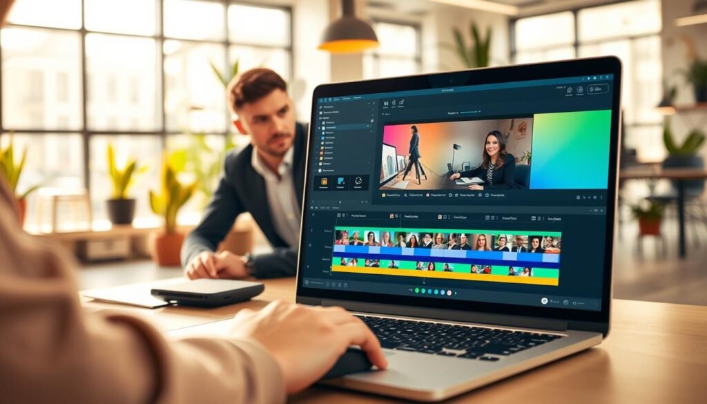 A modern digital workspace featuring a laptop with the Invideo video editing interface open, showcasing a vibrant timeline filled with video clips and transitions. In the foreground, a professional-looking person, dressed in smart casual attire, sits focused at the laptop, using a mouse to navigate the software. The middle layer includes various editing tools displayed on the screen, such as text overlays, music tracks, and color grading options. In the background, a bright and airy office space with large windows lets in natural light, illuminating potted plants and creative design elements. The atmosphere conveys innovation and productivity, with warm tones to inspire creativity. Capture the moment with a slight depth of field to emphasize the workspace, while maintaining clarity in the foreground. A modern digital workspace featuring a laptop with the Invideo video editing interface open, showcasing a vibrant timeline filled with video clips and transitions. In the foreground, a professional-looking person, dressed in smart casual attire, sits focused at the laptop, using a mouse to navigate the software. The middle layer includes various editing tools displayed on the screen, such as text overlays, music tracks, and color grading options. In the background, a bright and airy office space with large windows lets in natural light, illuminating potted plants and creative design elements. The atmosphere conveys innovation and productivity, with warm tones to inspire creativity. Capture the moment with a slight depth of field to emphasize the workspace, while maintaining clarity in the foreground.
