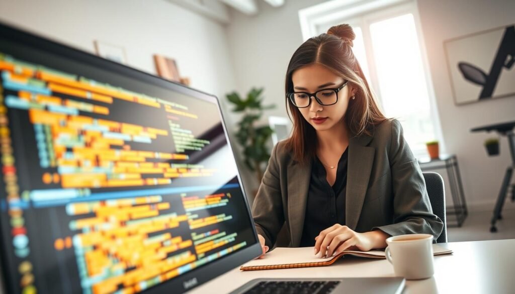 A modern digital workspace featuring a sleek code generator interface on a computer screen. In the foreground, a glowing, dynamic interface showcases lines of colorful code, representing diverse programming languages. The middle layer includes a focused female developer wearing smart casual attire, intently analyzing the code, with a notepad and a coffee cup nearby. The background consists of a brightly lit, minimalist office space with abstract tech-themed artwork on the walls, emphasizing innovation. Soft, natural light streams in from a nearby window, creating a warm and inviting atmosphere. The angle is a slightly elevated perspective, capturing both the developer's engagement and the sophisticated technology. The overall mood conveys creativity, professionalism, and the excitement of coding. A modern digital workspace featuring a sleek code generator interface on a computer screen. In the foreground, a glowing, dynamic interface showcases lines of colorful code, representing diverse programming languages. The middle layer includes a focused female developer wearing smart casual attire, intently analyzing the code, with a notepad and a coffee cup nearby. The background consists of a brightly lit, minimalist office space with abstract tech-themed artwork on the walls, emphasizing innovation. Soft, natural light streams in from a nearby window, creating a warm and inviting atmosphere. The angle is a slightly elevated perspective, capturing both the developer's engagement and the sophisticated technology. The overall mood conveys creativity, professionalism, and the excitement of coding.