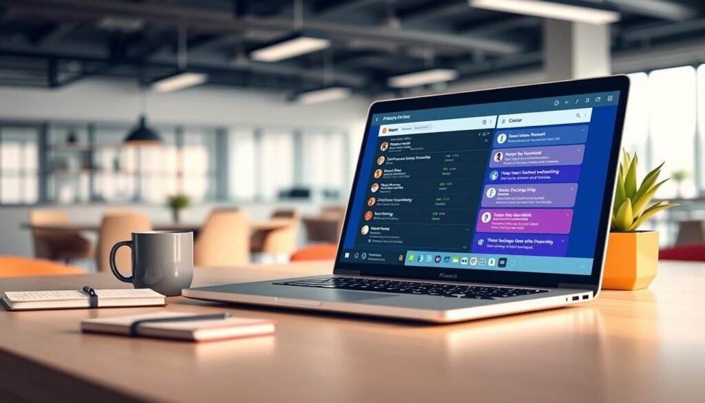 A modern digital workspace featuring a sleek, organized priority inbox on a laptop screen, displaying an array of messages, comments, and notifications seamlessly integrated. In the foreground, a well-lit desk showcases the laptop surrounded by office essentials, such as a notebook, coffee mug, and a potted plant, signifying productivity and focus. The middle ground includes a muted color palette that enhances clarity, with the inbox interface showing various categorized messages in vibrant colors for easy distinction. In the background, a soft-focus view of a contemporary office, bathed in natural light, creates an inviting and professional atmosphere. The overall mood is efficient and organized, presenting the concept of managing interactions in a streamlined and visually appealing manner. A modern digital workspace featuring a sleek, organized priority inbox on a laptop screen, displaying an array of messages, comments, and notifications seamlessly integrated. In the foreground, a well-lit desk showcases the laptop surrounded by office essentials, such as a notebook, coffee mug, and a potted plant, signifying productivity and focus. The middle ground includes a muted color palette that enhances clarity, with the inbox interface showing various categorized messages in vibrant colors for easy distinction. In the background, a soft-focus view of a contemporary office, bathed in natural light, creates an inviting and professional atmosphere. The overall mood is efficient and organized, presenting the concept of managing interactions in a streamlined and visually appealing manner.
