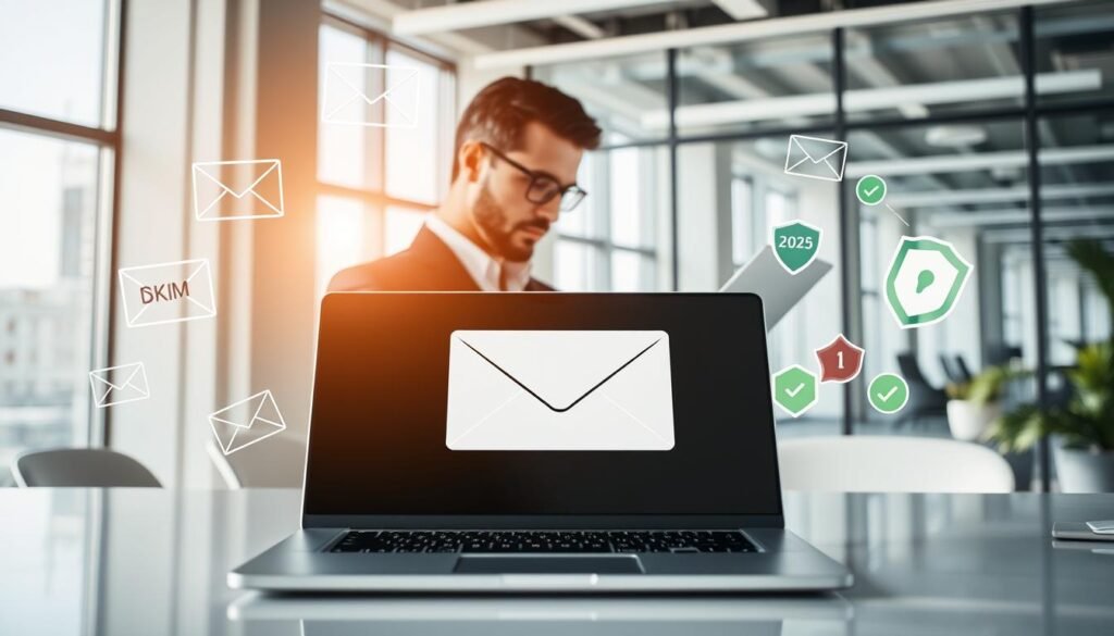 A modern digital workspace illustrating the concept of email deliverability. In the foreground, a sleek laptop open to a clean email platform interface, the screen displaying symbols for SPF, DKIM, and DMARC, representing email authentication technologies. Surrounding the laptop are visual elements like floating icons of envelope emails, green checkmarks, and security shields, symbolizing deliverability and security. In the middle ground, a professional in smart business attire analyzes data on a digital tablet, thoughtfully studying the graphics. The background showcases a bright, contemporary office space with large windows, allowing natural light to flood in, creating an optimistic and productive atmosphere. The overall mood is one of professionalism and innovation, emphasizing the importance of email security in 2025. A modern digital workspace illustrating the concept of email deliverability. In the foreground, a sleek laptop open to a clean email platform interface, the screen displaying symbols for SPF, DKIM, and DMARC, representing email authentication technologies. Surrounding the laptop are visual elements like floating icons of envelope emails, green checkmarks, and security shields, symbolizing deliverability and security. In the middle ground, a professional in smart business attire analyzes data on a digital tablet, thoughtfully studying the graphics. The background showcases a bright, contemporary office space with large windows, allowing natural light to flood in, creating an optimistic and productive atmosphere. The overall mood is one of professionalism and innovation, emphasizing the importance of email security in 2025.